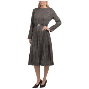 NANCY YANG Multi Belted Plaid Midi Dress